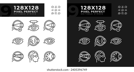 2D pixel perfect light and dark icons set representing eye care, editable thin line illustration.
