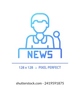 2D pixel perfect newscaster gradient icon, isolated vector, thin line blue illustration representing journalism.