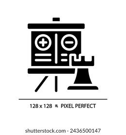 2D-Pixel perfekt mit positiven und negativen Punkten auf Flipchart-Symbol, isolierter Vektor, Glyphenstil schwarze Illustration, die Vergleiche darstellt