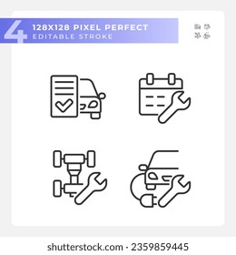 2D pixel perfect set of black icons representing car repair and service, editable thin line illustration.