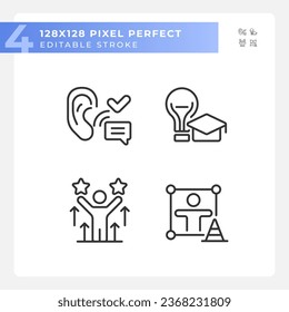 2D pixel perfect set of black icons representing soft skills, editable thin line illustration.