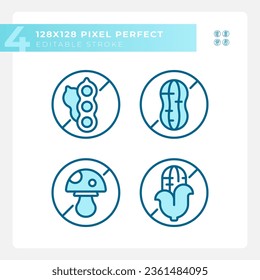 2D pixel perfect set of blue icons representing allergen free, editable thin line illustration.