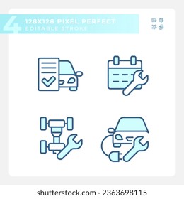 2D pixel perfect set of blue icons representing car repair and service, editable thin line illustration.