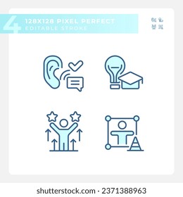 2D pixel perfect set of blue icons representing soft skills, editable thin line illustration.
