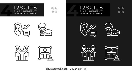 2D pixel perfect set of dark and light icons representing soft skills, editable thin line illustration.