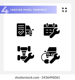 Conjunto perfecto de iconos de estilo glifo de píxeles 2D que representan la reparación y el servicio del coche, ilustración de silueta simple.
