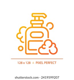 2D pixel perfect shampoo bottle gradient icon, isolated vector, haircare thin line simple orange illustration.