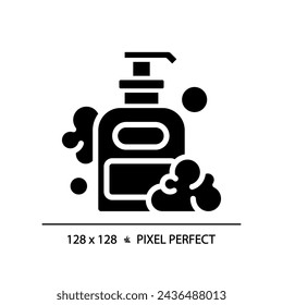2D pixel perfect shampoo bottle glyph style icon, isolated vector, haircare simple black silhouette illustration.