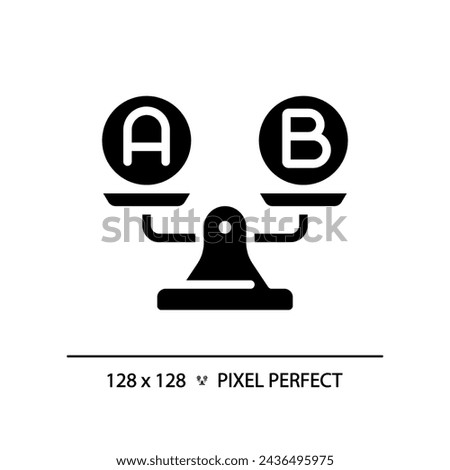 2D pixel perfect silhouette A and B on weight scale icon, isolated vector, glyph style black illustration representing comparisons