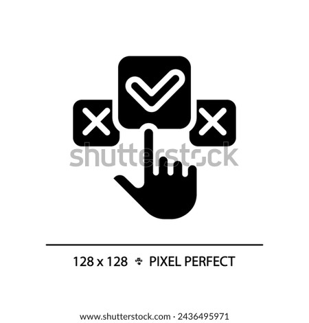 2D pixel perfect silhouette clicking on check mark icon, isolated vector, glyph style black illustration representing comparisons