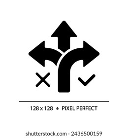 2D Pixel perfekte Silhouette korrekte Weise Symbol, isolierter Vektor, Glyphe Stil schwarze Illustration, die Vergleiche darstellt