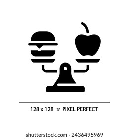 2D pixel perfect silhouette food on weight scale icon, isolated vector, glyph style black illustration representing comparisons