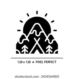 2D pixel perfect silhouette glyph style camping and mountain icon, isolated vector, illustration, solid pictogram.