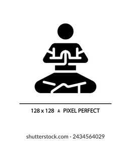 Icono de pose de oración de estilo glifo de silueta perfecta de píxel 2D, vector aislado, ilustración de meditación, pictograma sólido.