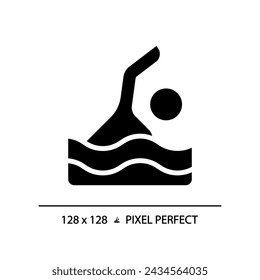 2D pixel perfect silhouette glyph style swimming icon, isolated vector, illustration, solid pictogram.