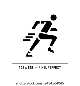 2D pixel perfect silhouette glyph style running icon, isolated vector, illustration, solid pictogram.