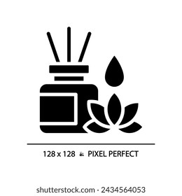 2D pixel perfect silhouette glyph style incense sticks and lotus icon, isolated vector, meditation illustration, solid pictogram.