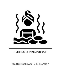 2D pixel perfect silhouette glyph style hot water bath icon, isolated vector, meditation illustration, solid pictogram.