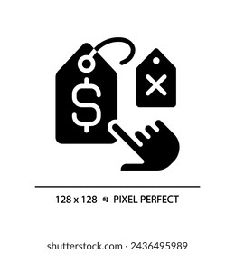 2D pixel perfect silhouette hand choosing label icon, isolated vector, glyph style black illustration representing comparisons