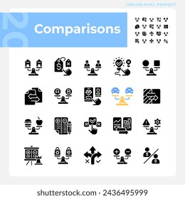 2D pixel perfect silhouette icons pack representing comparisons, black glyph style illustration