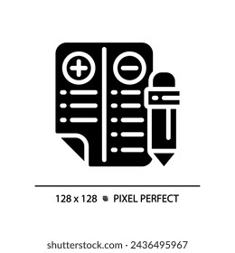 2D pixel perfect silhouette positive and negative points icon, isolated vector, glyph style black illustration representing comparisons