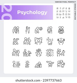 2D pixel perfect simple black icons set representing psychology, editable thin linear illustration.