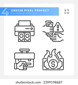 2D pixel perfect simple black icons set representing economic crisis, editable thin linear illustration.