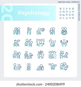 2D pixel perfect simple blue icons set representing psychology, editable thin linear illustration.