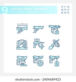 2D Pixel perfekte einfache blaue Symbole, die Waffen darstellen, bearbeitbare dünne lineare Abbildung.