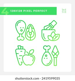 2D pixel perfect simple collection of gradient icons representing allergen free, green thin linear illustration.