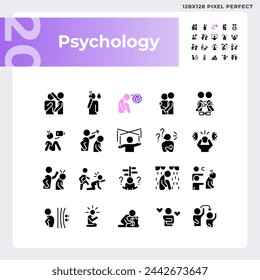 2D pixel perfect simple glyph style icons set representing psychology, silhouette illustration.