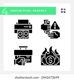2D pixel perfect simple glyph style icons set representing economic crisis, simple silhouette illustration.