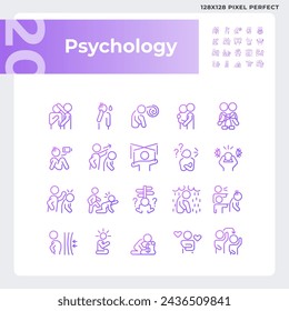 2D pixel perfect simple gradient icons set representing psychology, purple thin linear illustration.