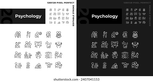 2D pixel perfect simple light and dark icons set representing psychology, editable thin linear illustration.