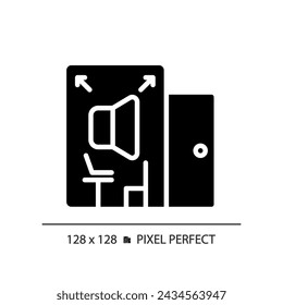 Icono de estilo de glifo de sala insonorizada perfecta de píxel 2D, vector aislado, ilustración sólida insonorizante.