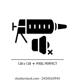 2D pixel perfect soundproof sealant glyph style icon, isolated vector, soundproofing solid illustration.