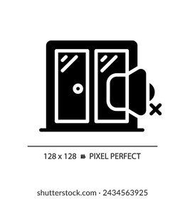 2D pixel perfect soundproof windows glyph style icon, isolated vector, soundproofing solid illustration.