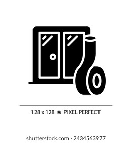 2D pixel perfect soundproof windows glyph style icon, isolated vector, soundproofing solid illustration.