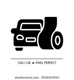 2D pixel perfect soundproofing car glyph style icon, isolated vector, soundproofing solid illustration.