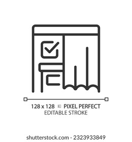 Icono de línea delgada perfecto de píxel 2D de cabina de votación con signo de cortina y marca de verificación, ilustración vectorial aislada, signo de elección editable.