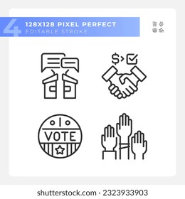 2D pixel perfect thin line icons set representing election, isolated vector illustration, editable voting signs.