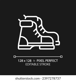 2D pixel perfect white hiking boot icon, isolated vector, editable hiking gear thin line illustration.