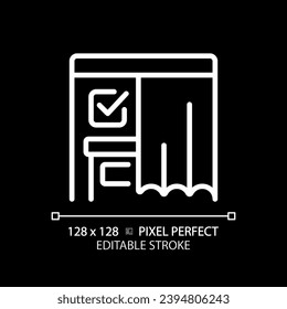 2D pixel perfect white linear icon of voting booth with curtain and checkmark sign, isolated vector illustration, editable election sign for dark mode.