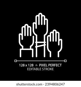 2D pixel perfect white linear icon of people with hands raised representing voting, isolated vector illustration for dark mode, editable voters symbol.