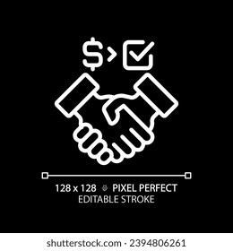 Icono lineal blanco perfecto de píxeles 2D de la gente que mueve la mano con signo de dólar y marca de verificación, ilustración vectorial aislada de la asociación para el modo oscuro.