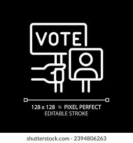2D pixel perfect white linear icon of hand holding vote sign, vector illustration representing voting, editable election symbol for dark mode.