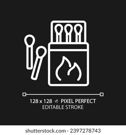 2D pixel perfect white match box and sticks icon, isolated vector, editable hiking gear thin line illustration.