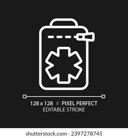Icono de bolsa médica blanca de píxeles 2D, vector aislado, ilustración de línea delgada de engranajes de senderismo editable.