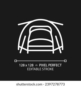 Icono de carpa blanca perfecta en píxeles 2D, vector aislado, ilustración de línea delgada de engranajes de senderismo editable.
