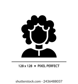 2D pixel perfect woman with curly hair glyph style icon, isolated vector, haircare simple black silhouette illustration.